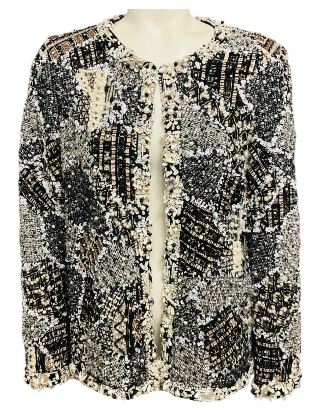 OSCAR DE LA RENTA IVORY / BLACK PEARL AND BEAD EMBELLISHED KNIT JACKET WITH SEQU